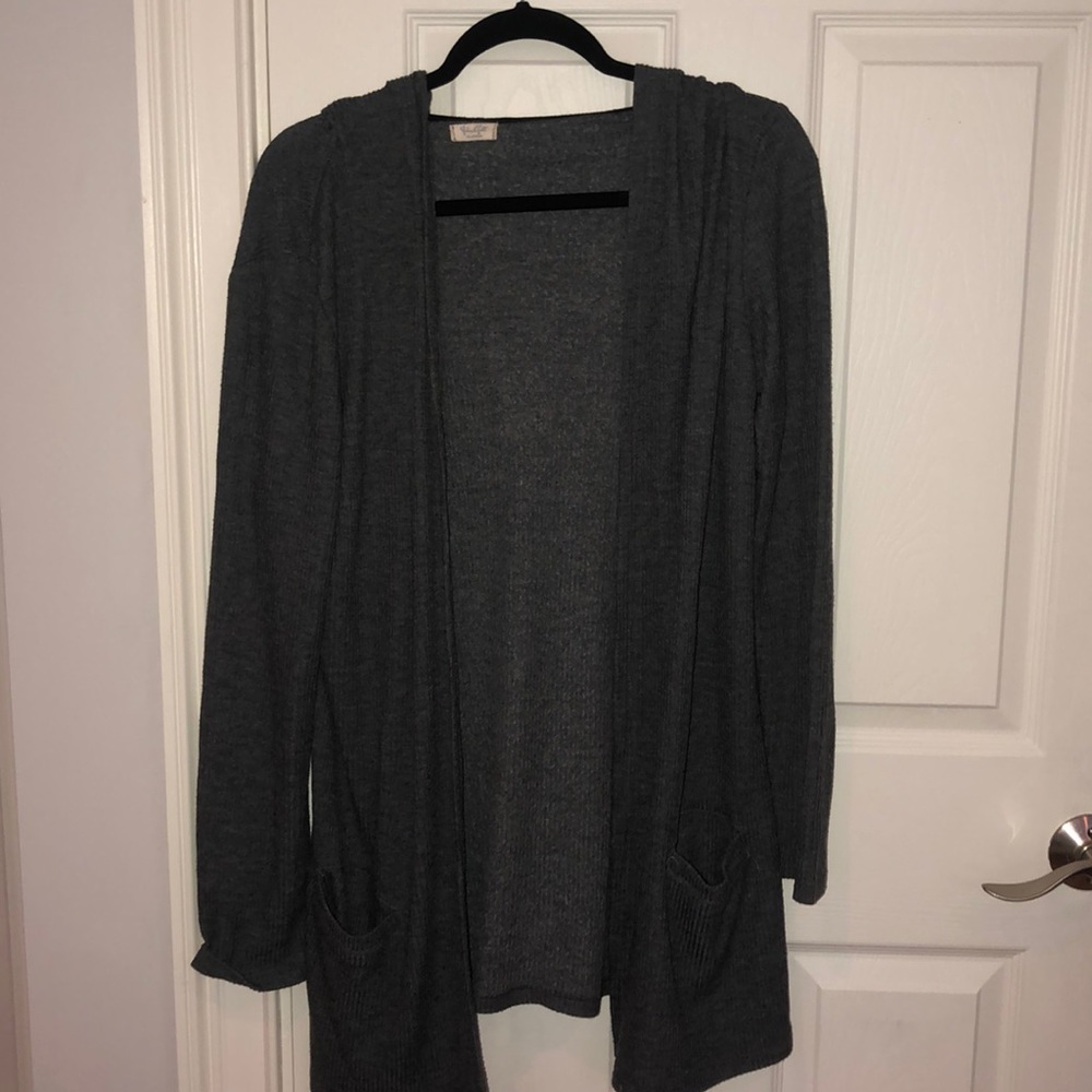 NORDSTROM Gray Hooded Knee-Length Cardigan